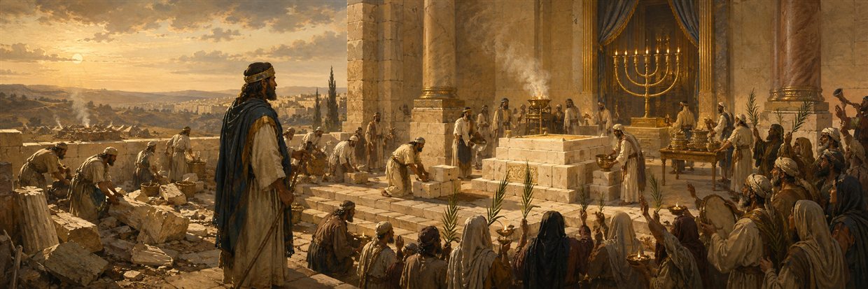 Judas and the community repair and cleanse the sanctuary, light its lampstand, and celebrate the restored altar